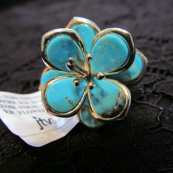 Tehya Oyama Blue Kingman turquoise flower ring Sterling Silver over Copper Sz 10 - Picture 5 of 16